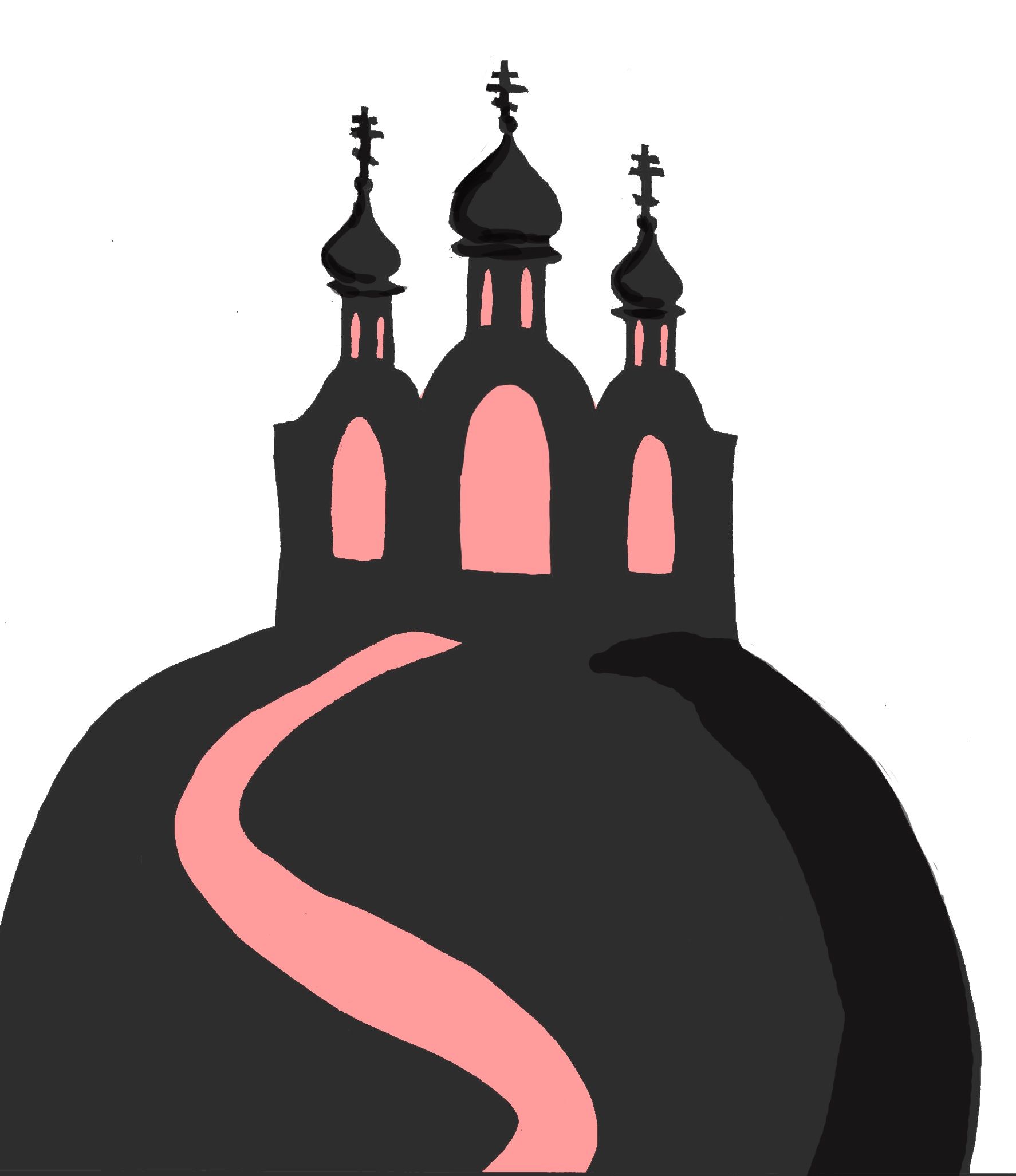 A crude illustration of an Orthodox church on top of a steep hill