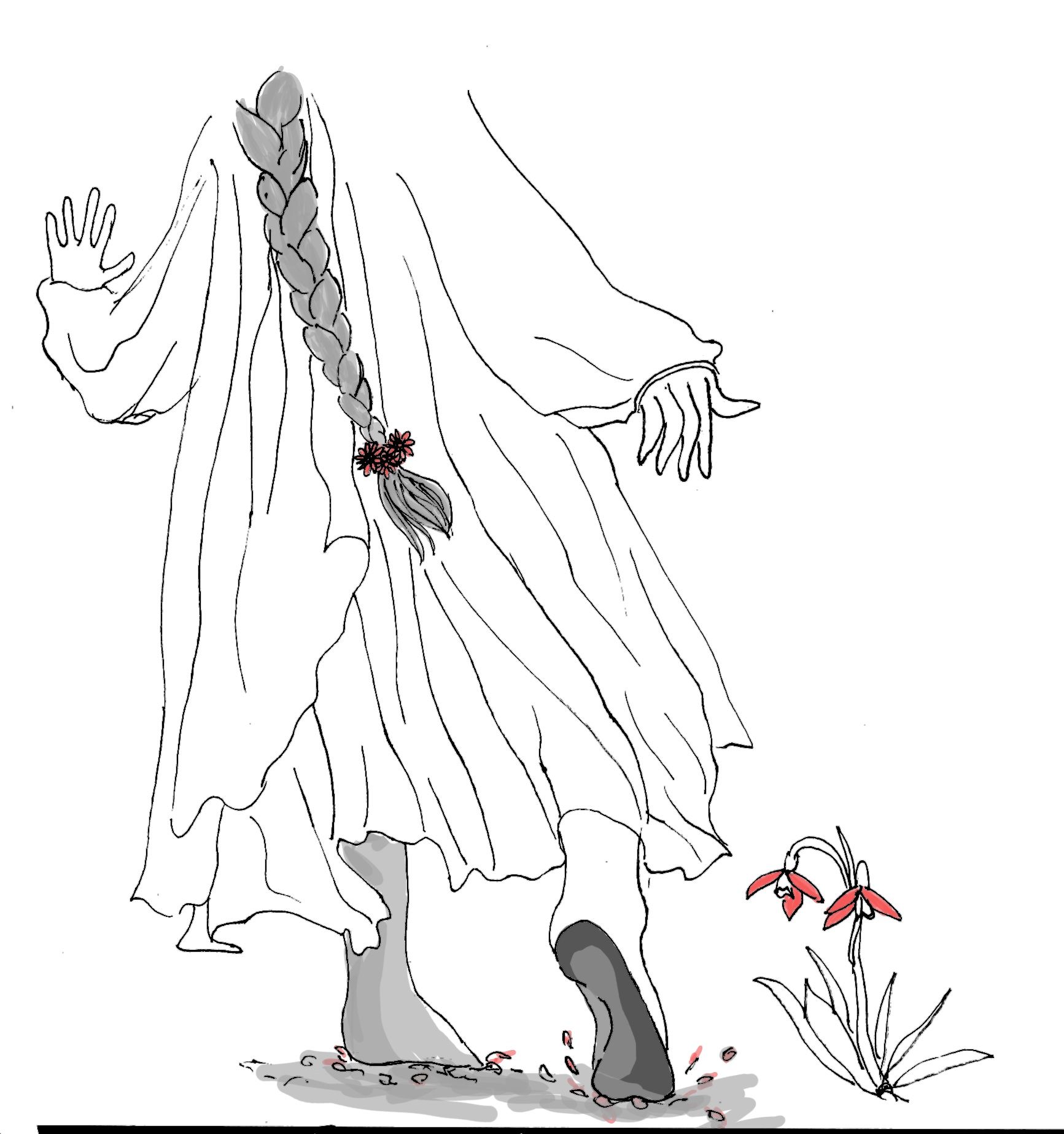 A scanned illustration of a woman's body in a long white dress with her head cropped out. She's turned away and stepping on a red flower.