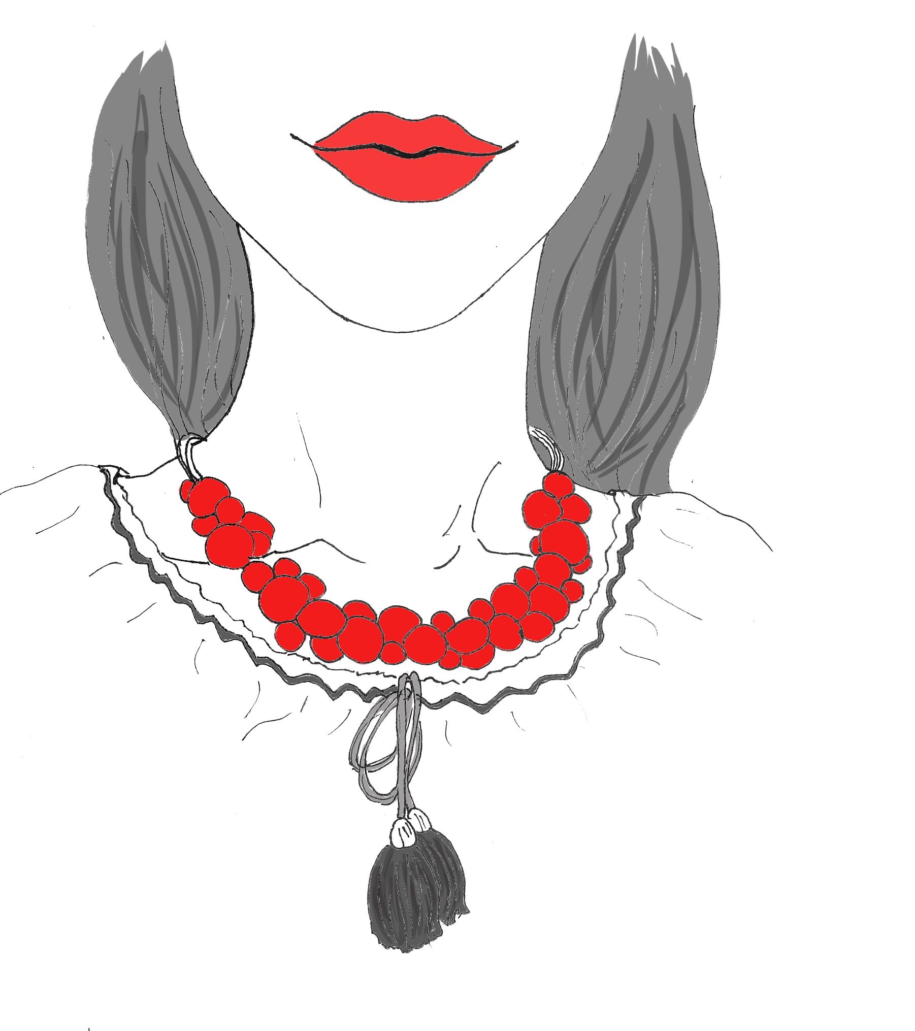 An illustration of the bottom half of a woman's face. She has bright red lips, she is wearing a Ukrainian vyshyvanka, and her necklace is made of red beads