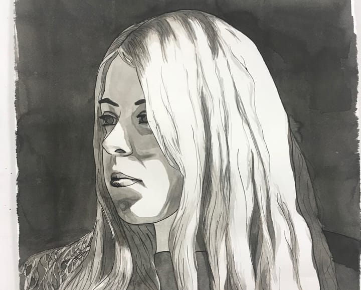 An ink painting of a blond young woman.